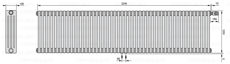 Схема (чертеж) Радиатор Zehnder Charleston 4120/48 №V008 Белый глянцевый RAL 9016